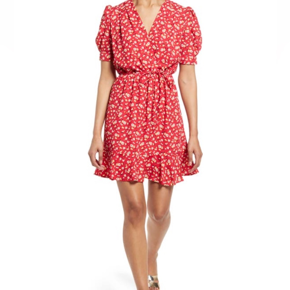 Fraiche By J Melody Floral Wrap Mini Dress Size M V Neck Short Sleeve Feminine